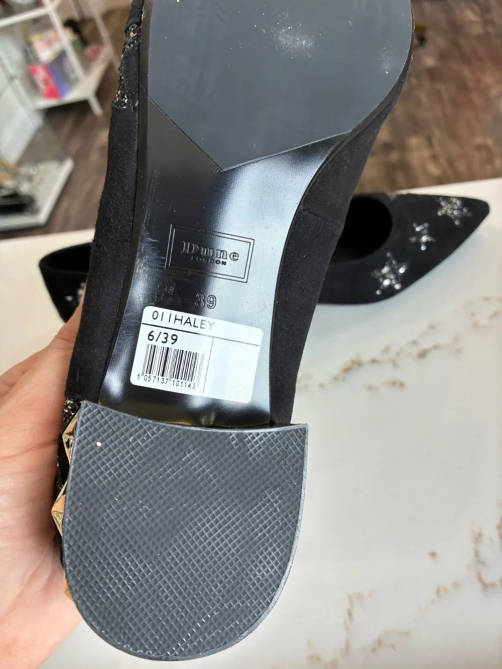 Dune London Black Star-Embellished Suede Pointed Toe Flats